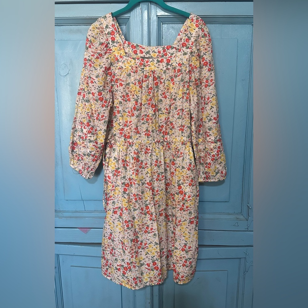 Style & Co. Cream Floral Long-Sleeve Midi Dress with Red and Yellow Blossoms